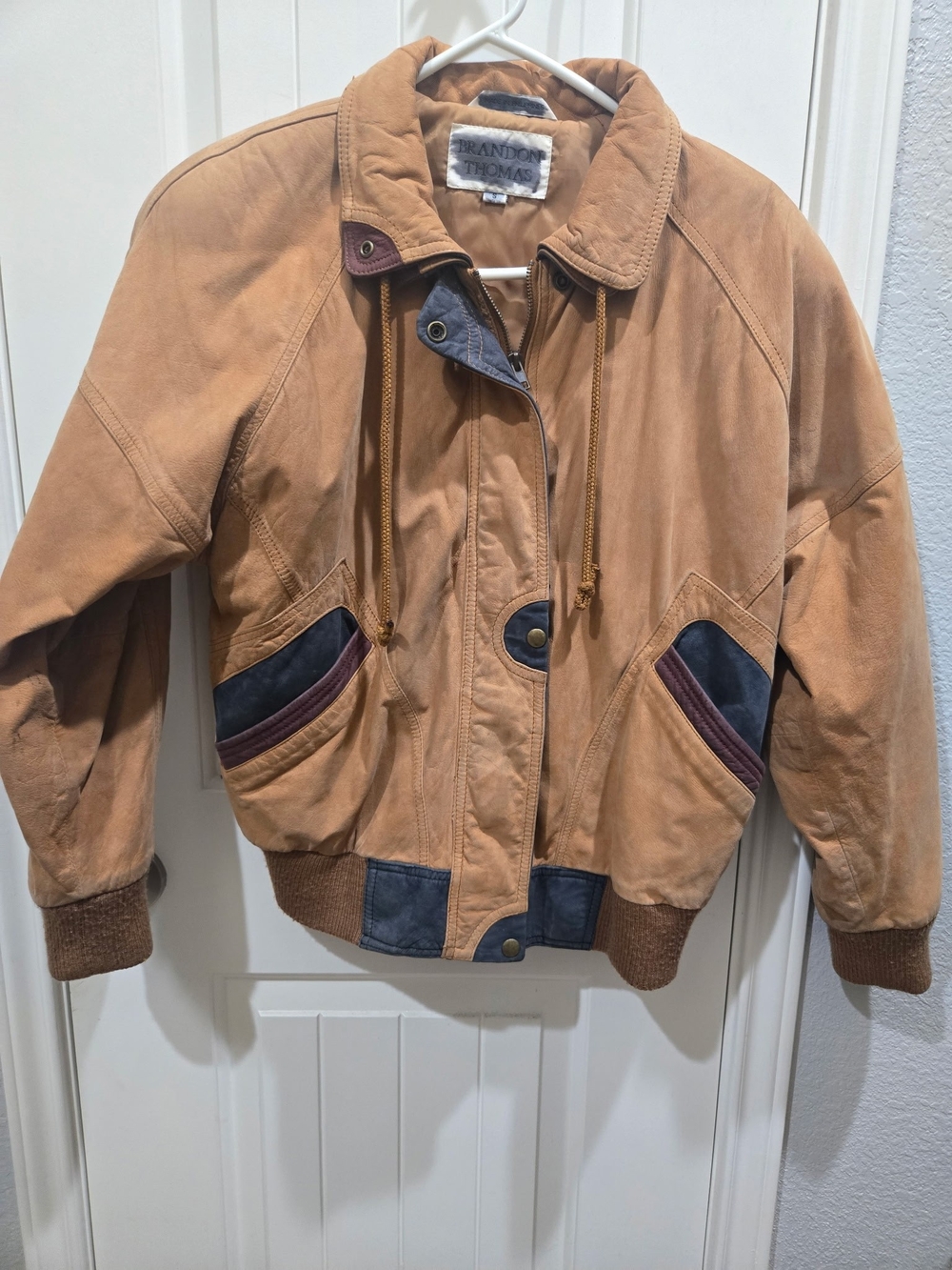 Brandon Thomas Tan Suede Bomber Jacket with Navy & Burgundy Accents
